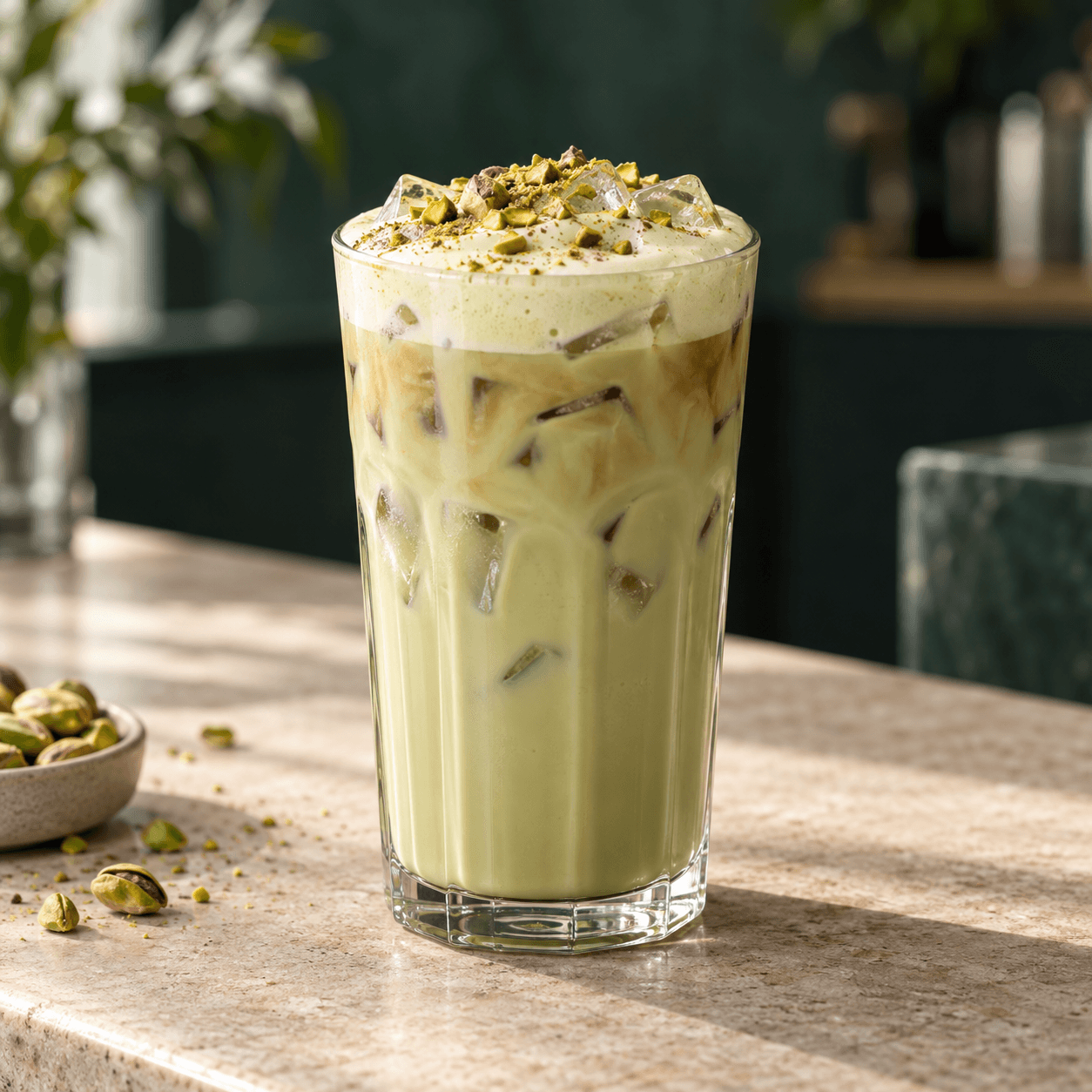 Iced pistachio latte servido en Tempo